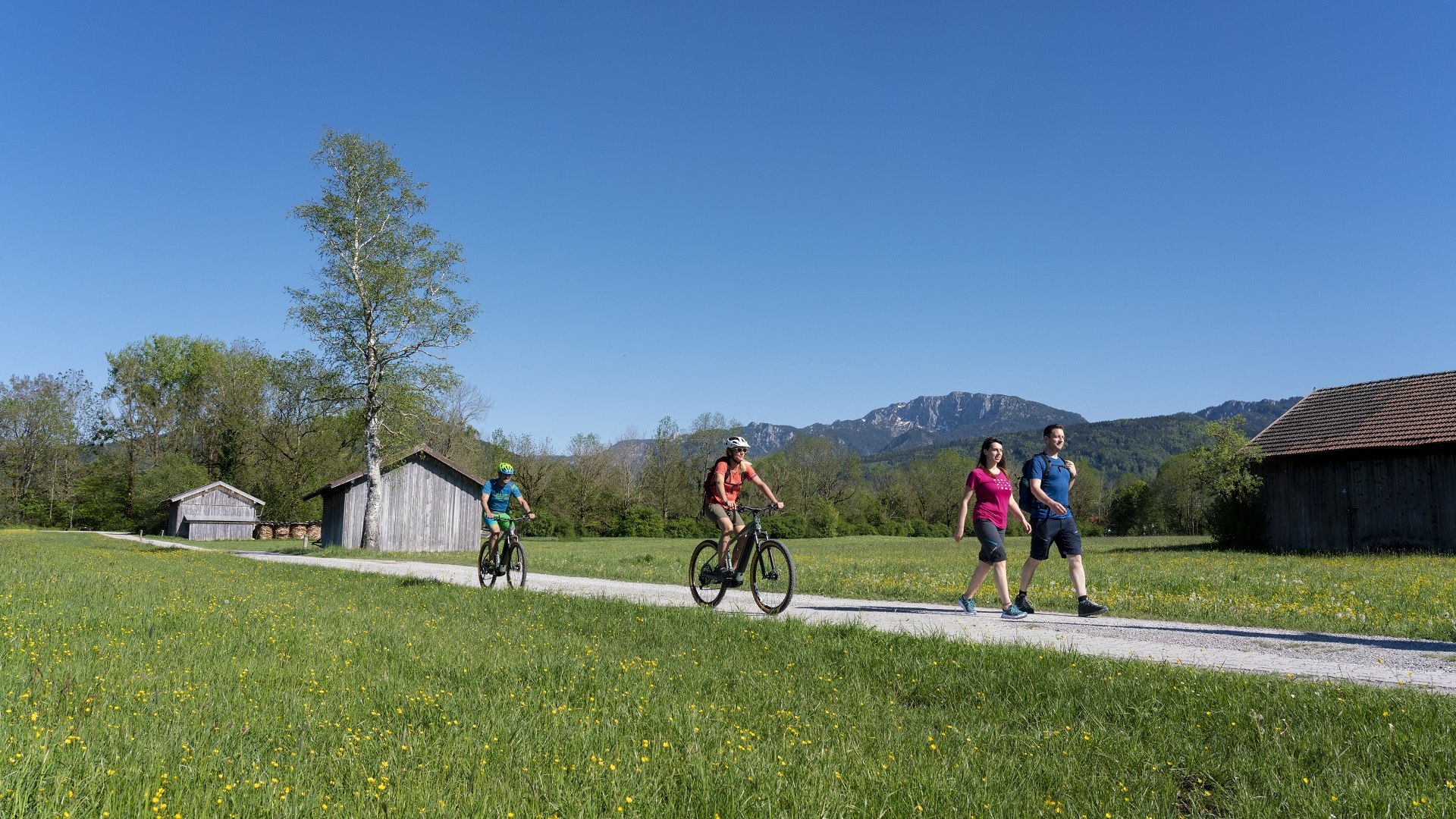 Rad-Wandern durch das Loisach-Kochelseemoor bei Benediktbeuern mit herrlichem Blick auf die markante Bendiktenwand, © Tölzer Land Tourismus u. GI Benediktbeuern|Foto B. Ritschel